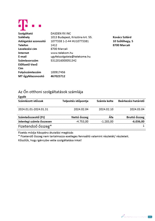 Hungary Magyartel business utility bill template in Word and PDF formats, fully editable